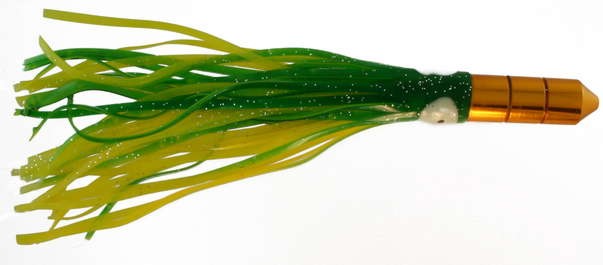 Bronze Bullet Trolling Lure, 8 inch with Green and Yellow flaked squid skirt