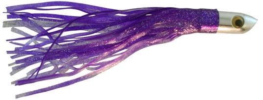 Chrome Shark Trolling Lure, 7 inch with Purple flaked squid skirt