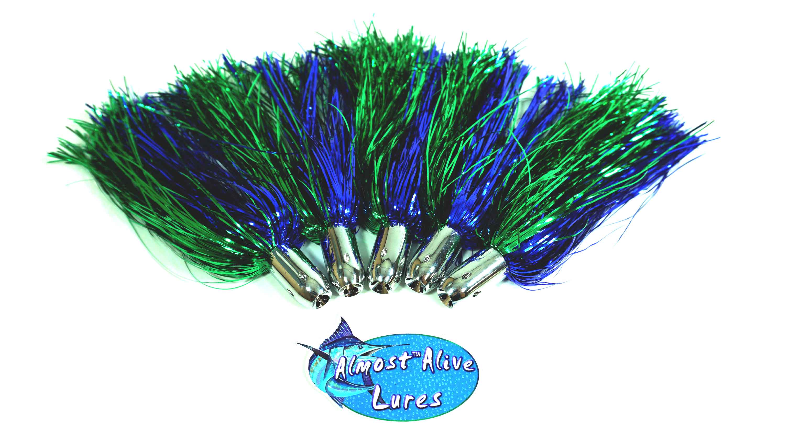 Almost Alive Lures Mylar Jet Head Flash Trolling Lures (5) 7" Blue/Green