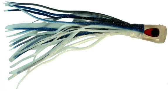 Lookout Bite Resin Head Trolling Lure Clear Head Blue White Squid Skirt 8 Inch