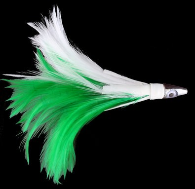 Tuna Feather Green and White Feathers Blunt Lead Head with Red Eyes