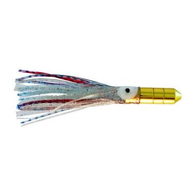 Gold Bullet Trolling Lure, 5 inch with Red, Blue, Silver Flaked squid skirt