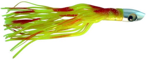 Chrome Shark Trolling Lure, 7 inch with Chartreuse and Red squid skirt