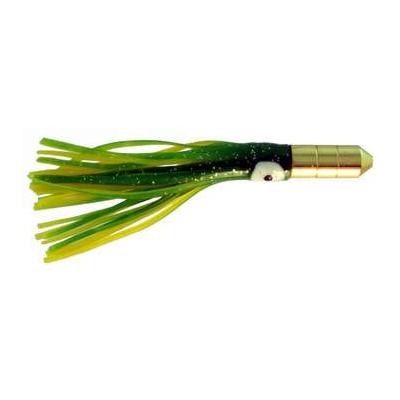 Gold Bullet Trolling Lure, 4.5 inch with Green and Yellow flaked squid skirt