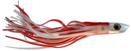 Chrome Shark Trolling Lure, 6 inch with Red and White squid skirt