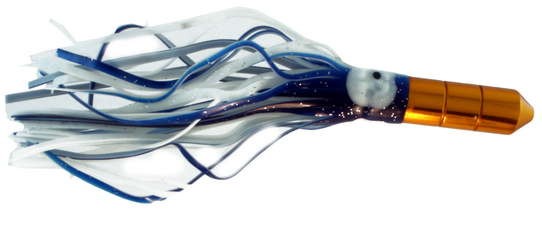 Bronze Bullet Trolling Lure, 8 inch with Blue and White squid skirt