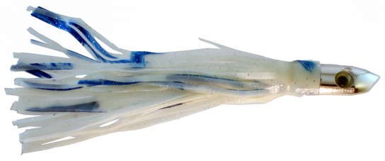 Chrome Shark Trolling Lure, 7 inch with White and Blue squid skirt