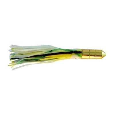 Gold Bullet Trolling Lure, 5 inch with Green, Yellow, White, Black striped squid skirt