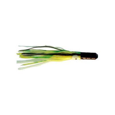 Black Bullet Trolling Lure, 4 inch with Green, Yellow, White, Black striped squid skirt