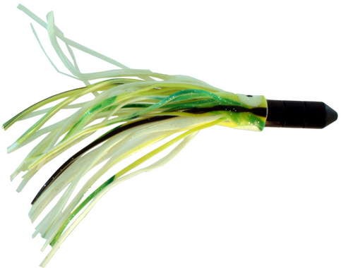 Black Bullet Trolling Lure, 7 inch with Green, Yellow, White, Black striped squid skirt