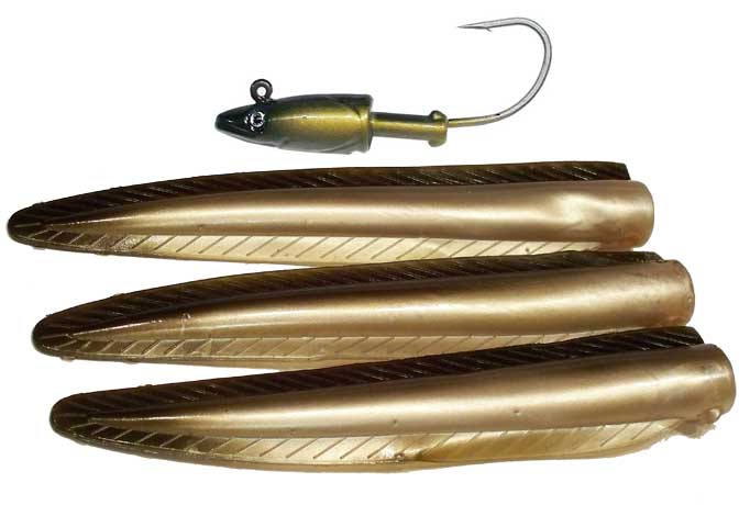 Lead Eel Head 7.5 oz. Menhaden Color 9/0 Hook with 3 Tails