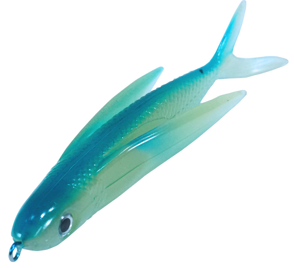 Almost Alive Lures 6" Soft Plastic Flying Fish with Swept Back Wing Bait Bright Blue/Glow with Spring
