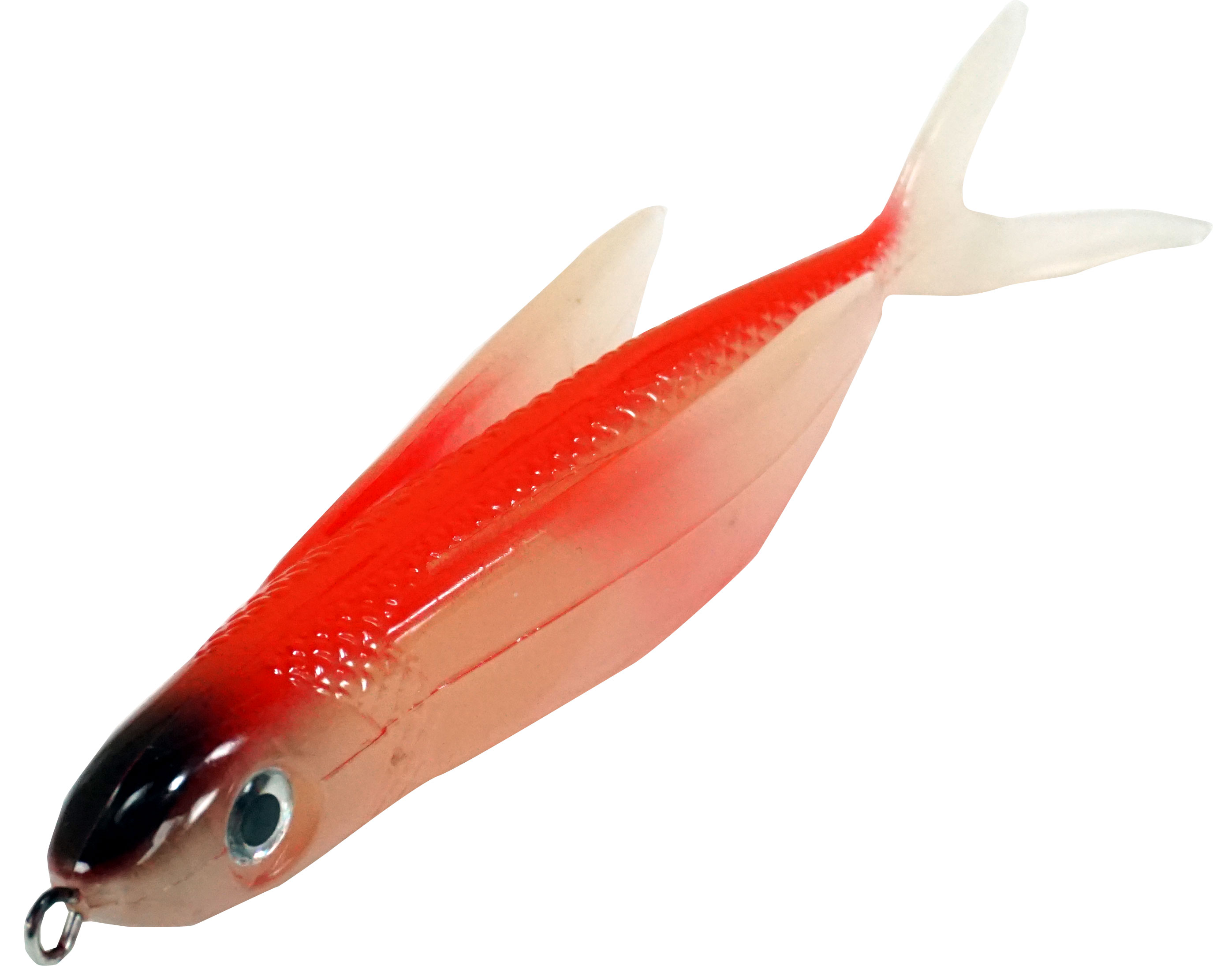 Almost Alive Lures 6" Soft Plastic Flying Fish with Swept Back Wing Bait Red/Black Nose/Clear with Spring