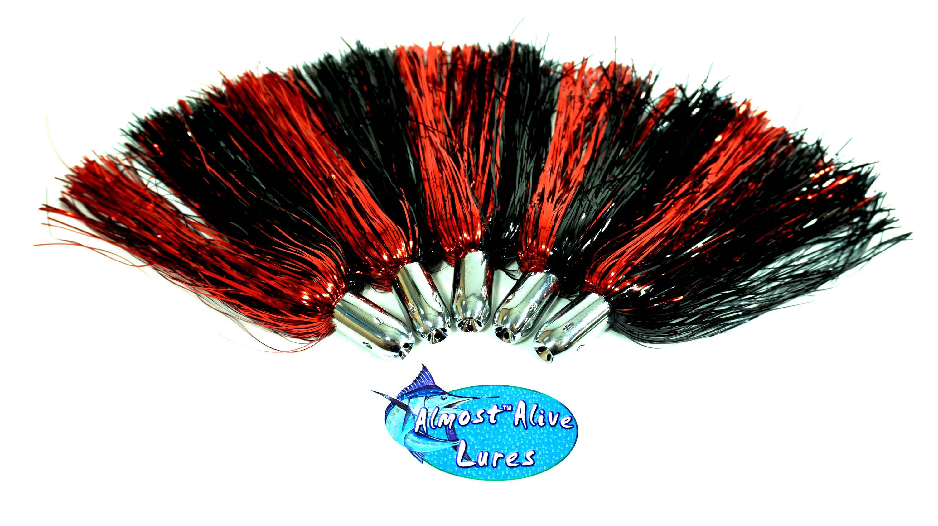 Almost Alive Lures Mylar Jet Head Flash Trolling Lures (5) 7" Black/Red