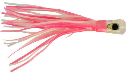 Lookout Bite Resin Head Trolling Lure Clear Head Pink White Squid Skirt 7 Inch