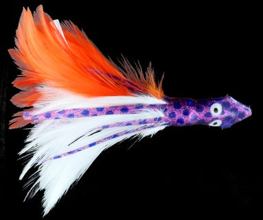 Mahi Feather Lure Purple Glitter and Blue skirt with Orange and White Feathers 2 oz