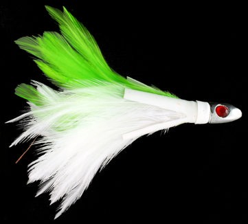 Tuna Feather Green and White Feathers Pointed Lead Head with Moving Eyes