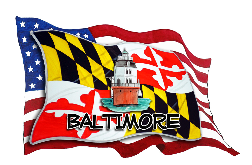 USA/MD Flags w/ Lighthouse- Baltimore